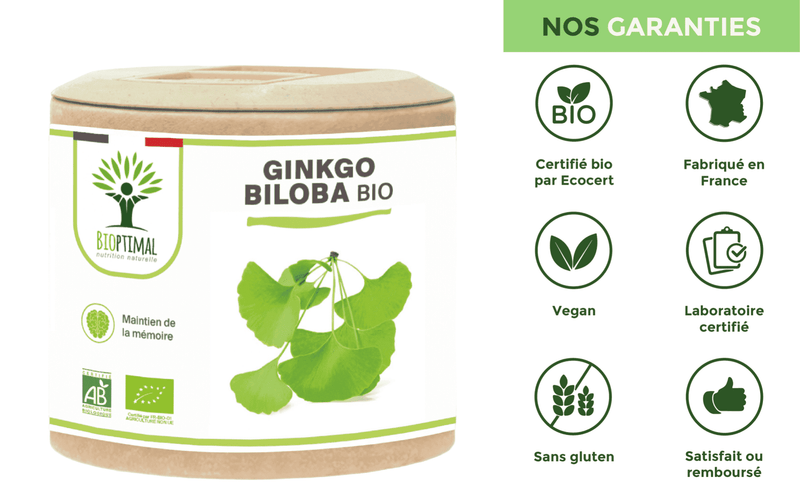 Ginkgo Biloba Bio - Complément Alimentaire - Mémoire, Circulation 60 et 200 Capsules