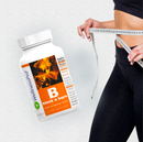Ein Nahrungsergänzungsmittel von WellnessPro namens „B block n burn" steht im Vordergrund, während eine Person mit einem Maßband ihren Bauch misst.