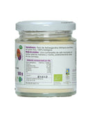 Das rückseitige Etikett eines Glasgefäßes mit "Ayurveda autentico Ashwagandha Churna Bio". Es enthält Informationen zu den Inhaltsstoffen als 100 % biologisches Ashwagandha-Wurzelpulver, Gebrauchsanweisungen (ein Teelöffel mit warmer Milch gemischt) und Nährwertangaben pro 100 g.