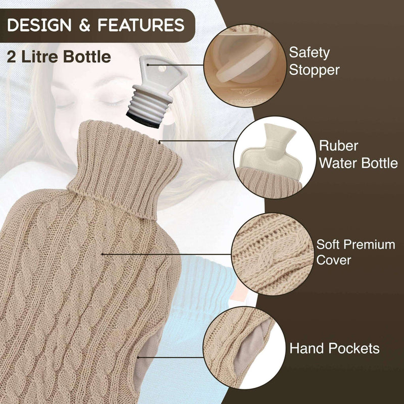 Generise hot water bottle “EXTRA WARMTH”, 2 l, with knitted cover and pockets