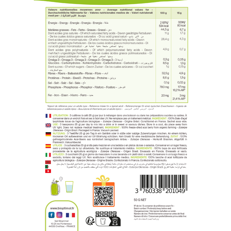 Bioptimal - Bio-Acai-Pulver - Verpackt in Frankreich - Vegan