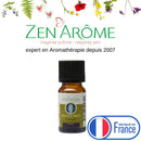 Eine Flasche Zen Arôme Douce Nuit ätherisches Öl mit Blumendekoration und dem Logo „Hergestellt in Frankreich“.