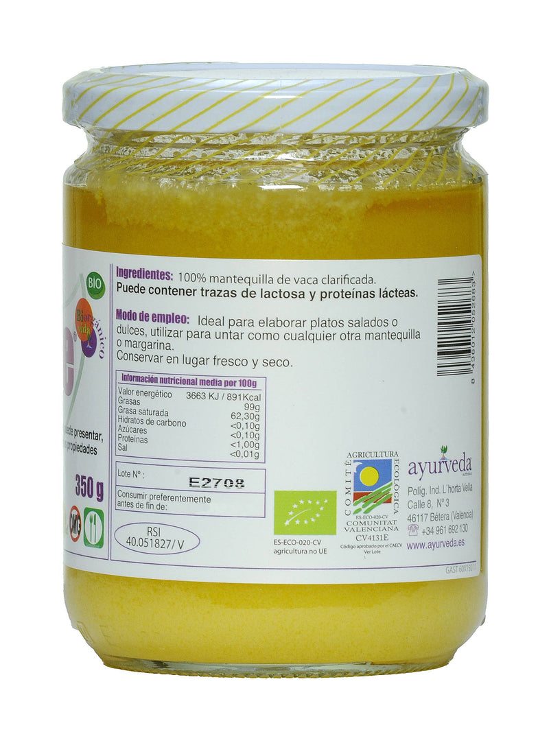  Das rückseitige Etikett eines Glasgefäßes mit "Ayurveda autentico Ghee" (geklärte Butter), das 350g Gewicht anzeigt. Es gibt die Inhaltsstoffe als 100 % geklärte Kuhbutter an und liefert Nährwertinformationen pro 100g sowie Zertifizierungslogos.