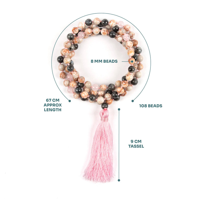 Mala Pearl Necklace - Healing Labradorite Rose Quartz