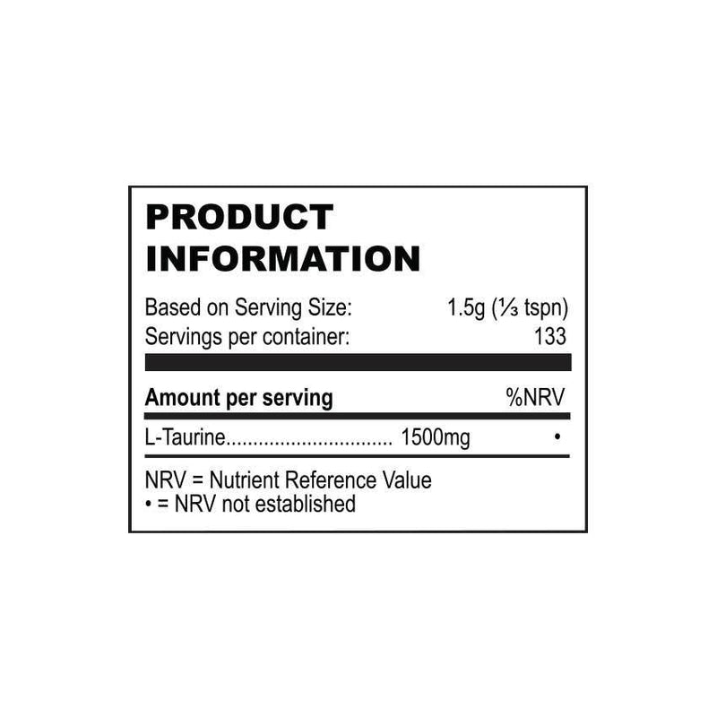 Nahaufnahme des Produktinformationsetiketts für Taurin, das die Nährwertangaben pro Portion zeigt.

