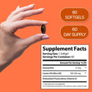 Eine orangefarbene Grafik mit einer Hand, die eine dunkle Kapsel hält. Die Grafik zeigt Textfelder mit den Aufschriften „60 SOFTGELS“ und „60 DAY SUPPLY“. Unten rechts befindet sich eine Tabelle mit den „Supplement Facts“ mit der Angabe von 12 mg Astaxanthin und 100-500 mg Trägeröl (Olivenöl) pro Portion.