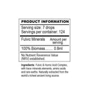 Produktinformationsetikett für Fulvic Minerals mit Angaben zu Portionsgröße und Inhaltsstoffen.