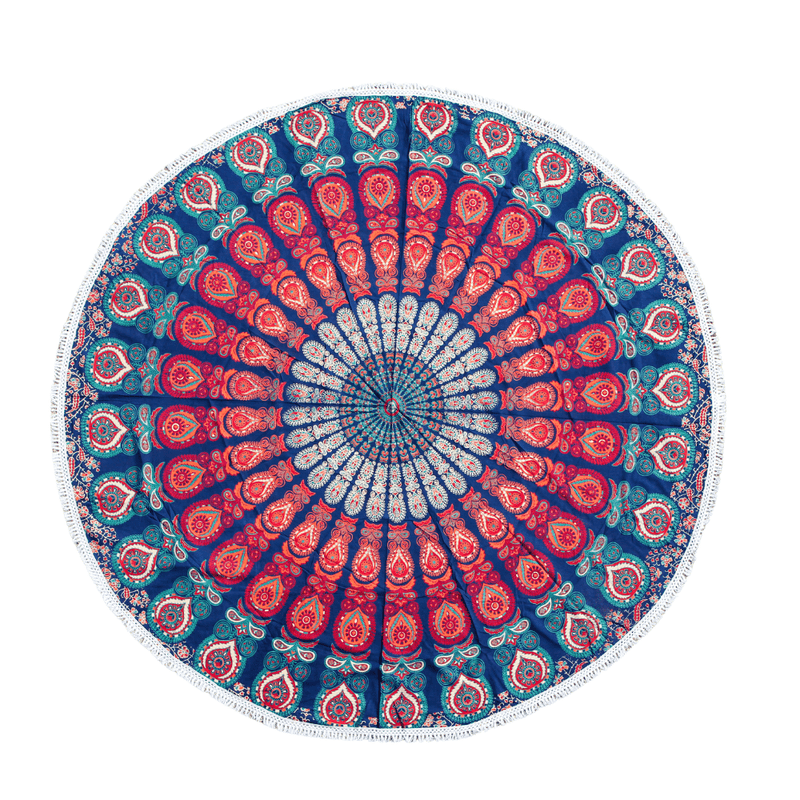 Toile rituelle ronde « Mandala Multicolore » avec pompons en coton, diamètre 180 cm