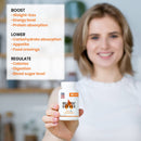 Eine lächelnde Frau hält eine Flasche des Nahrungsergänzungsmittels „WellnessPro Belly Fat Burner" in die Kamera. Daneben sind Textpunkte aufgelistet, die die Vorteile des Produkts wie die Steigerung der Gewichtsabnahme und die Regulierung des Blutzuckerspiegels beschreiben.