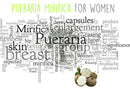 Ein Wortwolken-Bild, das Pueraria Mirifica für Frauen bewirbt, mit großen Wörtern wie 'Brust' (breast), 'Haut' (skin), 'Vergrößerung' (enlargement), 'Kapseln' (capsules) und 'Pueraria'. Unten rechts sind aufgeschnittene Pueraria Mirifica Wurzeln zu sehen.