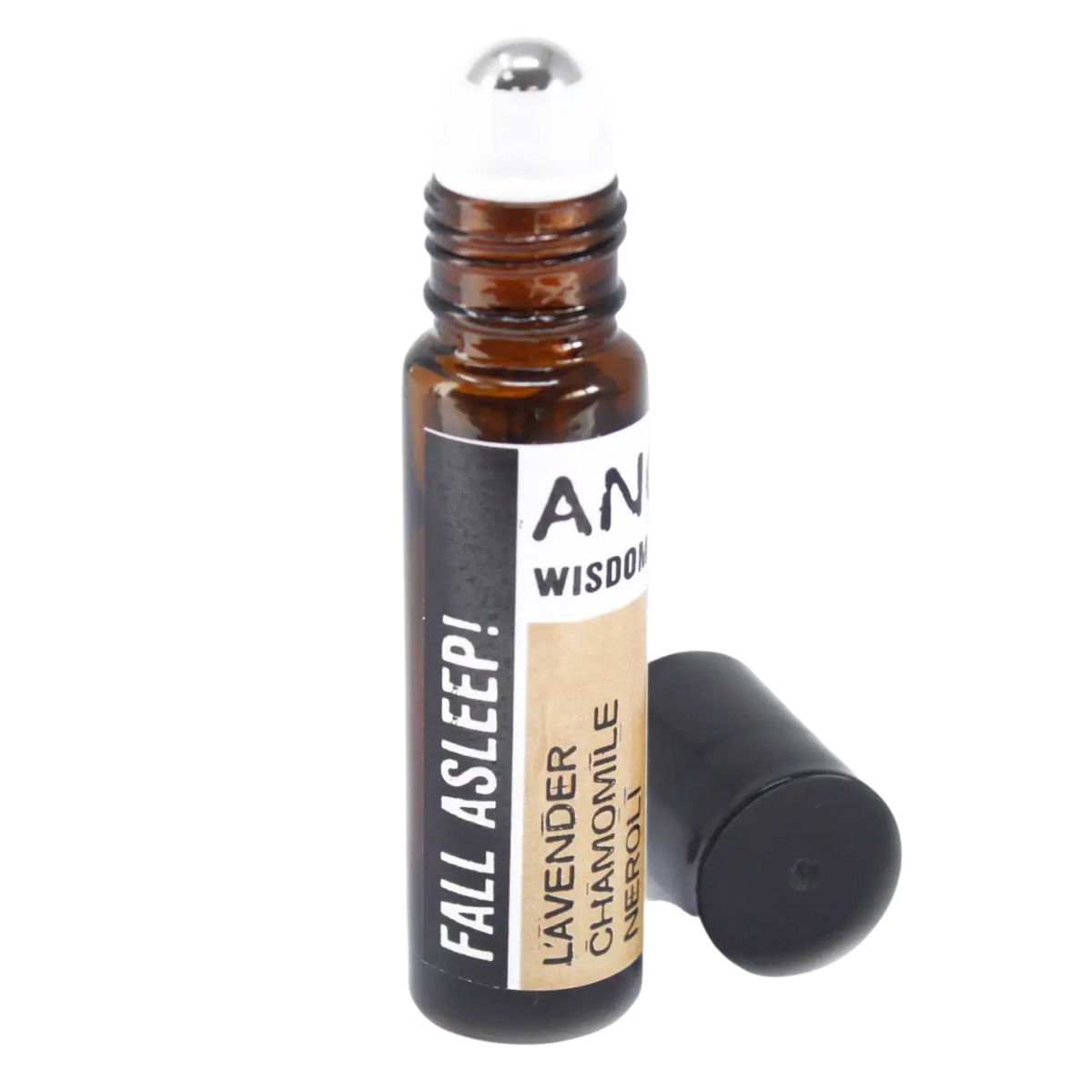 Braune glas-roll-on-flasche mit weißem deckel und schwarzem etikett fall asleep mit lavendel kamille neroli für einschlafen