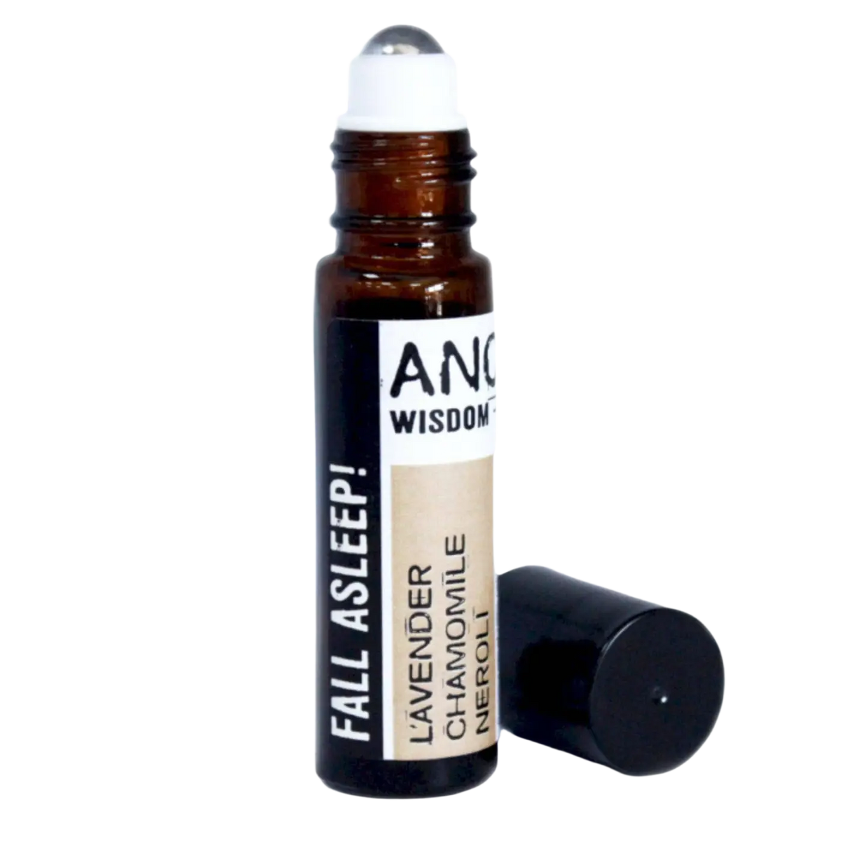 Ein schlanker bernsteinfarbener roll-on glasflakon mit weißem deckel und schwarzem label von ancient wisdom mit lavendel kamille und neroli für einschlafen