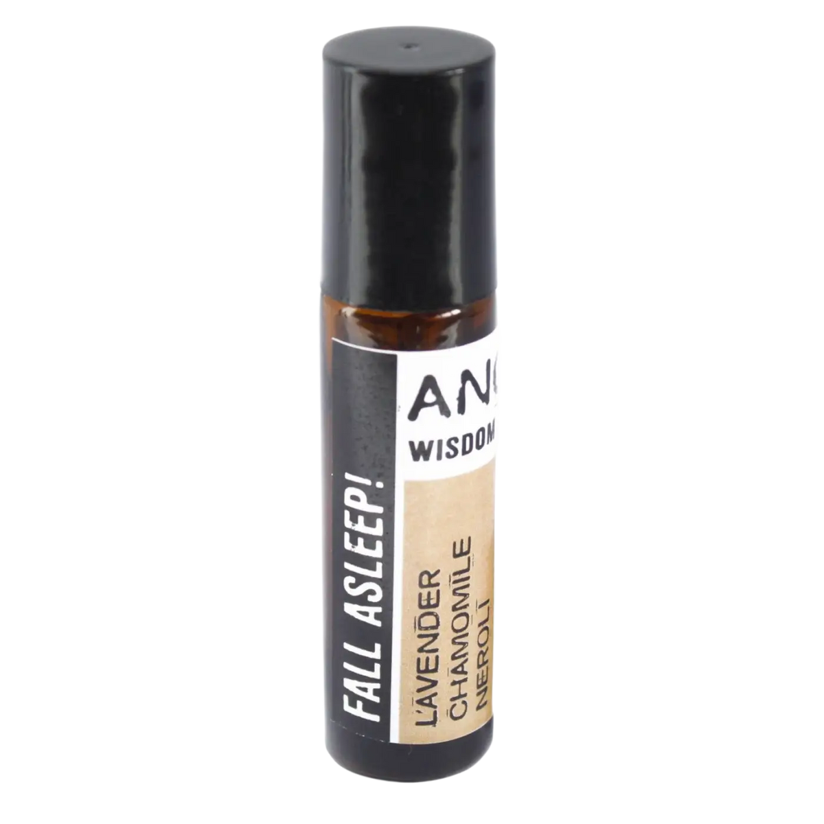 Schwarze roll-on flasche aus bernsteinfarbenem glas mit fall asleep etikett von anima wisdom mit lavendel einschlafen