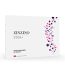 Eine weiße Packung Zinzino Viva+ Nahrungsergänzungsmittel mit 60 Tabletten, lila Moleküldesign und norwegischer Formulierung.