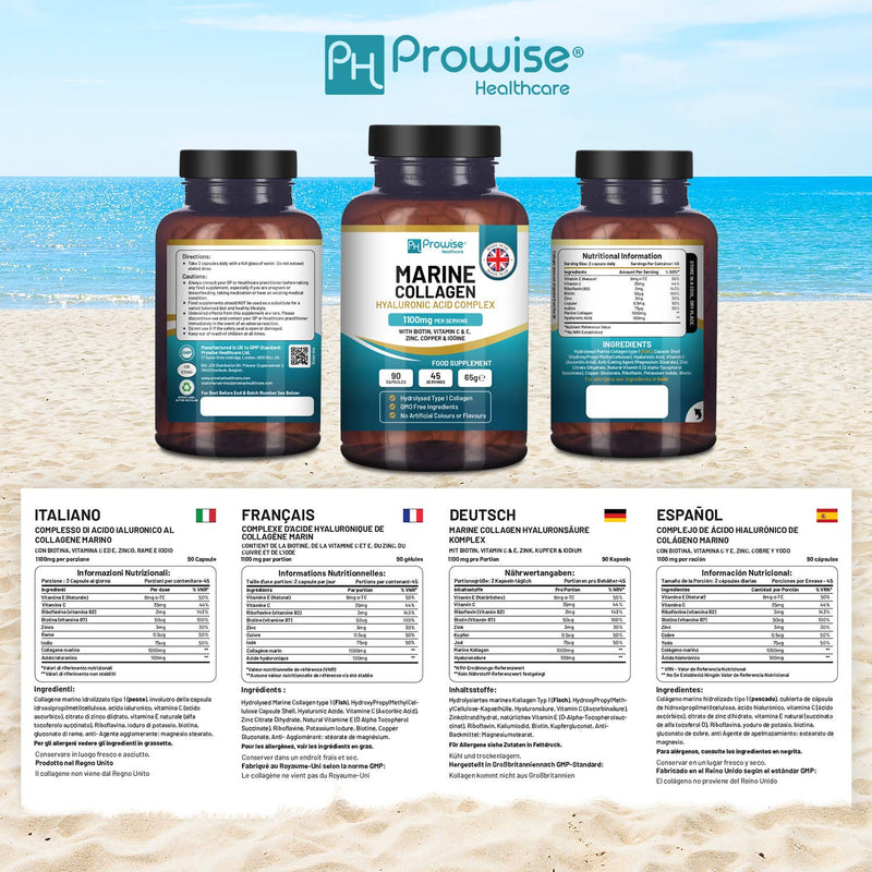 Drei Prowise Marine Collagen Flaschen mit Nährwertangaben und Gebrauchsanweisungen in Italienisch, Französisch, Deutsch und Spanisch vor einem Strandhintergrund.