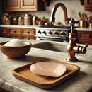 Ein rosa Himalaya-Salzseifenstück liegt auf einem kleinen Holztablett neben einer Schale mit Salz auf einer Marmor-Küchenarbeitsplatte mit Messinghahn.