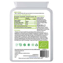 Das Rücketikett der Prowise Organic KSM-66 Ashwagandha mit Bio-Schwarzpfeffer Kapseln. Es zeigt die Nährwertangaben (500 mg KSM-66 Ashwagandha, 25 mg Withanolide, 10 mg Bio-Schwarzpfeffer), die Verzehrempfehlung (1 Kapsel täglich) und die Non-GMO, GMP und Dairy-Free Zertifizierungen.