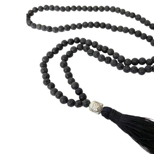 Collier Bouddha avec perles de lave et pompon