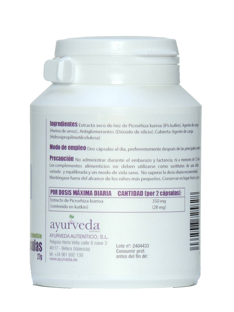 - Das rückseitige Etikett einer weißen Plastikflasche "Ayurveda autentico Kutkin" Pflanzenkapseln. Das Etikett listet Inhaltsstoffe, Gebrauchsanweisung (zwei Kapseln täglich), Vorsichtsmaßnahmen und die maximale Tagesdosis auf.
