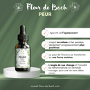 Eine Flasche "Fleur de Bach PEURS" auf einem Podium, die Vorteile hervorhebt: Linderung, entspannter Geist und positivere Gedanken, Verwandlung der Angst vor dem Unbekannten in Antriebskraft und ein Wechsel der Perspektive für mehr Mut.