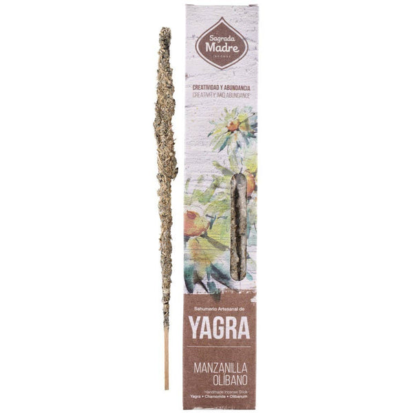 Sagrada Madre Räucherstäbchen (Yagra, Kamille, Olibanum) und Verkaufsverpackung, beworben für Kreativität und Fülle.