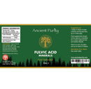 Eine flache Ansicht des vollständigen Produktetiketts für die Ancient Purity Fulvosäure-Mineralien.