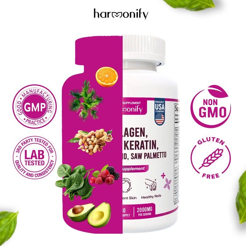 Eine Flasche Harmonify Kollagen, Biotin, Keratin, Hyaluronsäure, Sägepalme Nahrungsergänzungsmittel mit Abbildungen von Orangen, Palmettopflanzen, Nüssen, Spinat, Beeren und Avocados, sowie Zertifizierungen für GMP, laborgetestet, Non-GMO und glutenfrei.