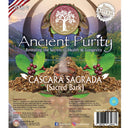 Ein detailliertes Produktetikett für Cascara Sagrada (Heilige Rinde) einschließlich Verzehrempfehlung und Inhaltsstoffen.