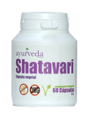 Vorderseite einer weißen Flasche mit der Aufschrift "Shatavari" und "Cápsula vegetal", mit "Sin Gluten"- und "OMG" (GVO-frei) Symbolen, einem veganen Blatt und "60 Cápsulas 33g".