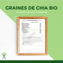 Ein Holzrahmen enthält ein offizielles Zertifikat für "GRAINES DE CHIA BIO UN PRODUIT DE QUALITÉ PREMIUM", das die biologische Produktion von Chiasamen und anderen Produkten bestätigt.