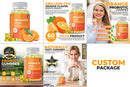 - Eine Collage aus vier Produktbildern von orangefarbenen Probiotika-Gummibärchen, die Flaschen, Gummibärchen, Orangen und lächelnde Frauen zeigen, mit dem Text „CUSTOM PACKAGE“ in der unteren rechten Ecke.