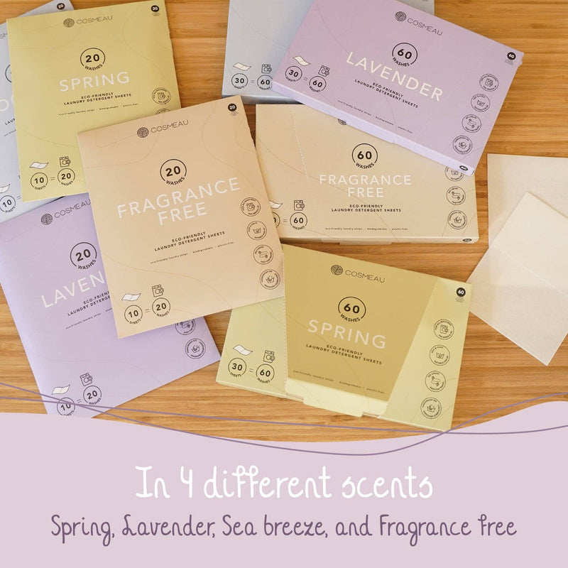 Verschiedene Cosmeau Waschmittelblätter in den Düften Spring, Lavendel, Meeresbrise und Duftfrei, die die Vielfalt der Optionen bewerben.
