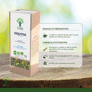 Eine Infografik für Bioptimal Eucalyptus-Tee mit Angaben zu Dosierung und Zubereitung. Es wird empfohlen, eineinhalb Teelöffel ($1$-$2$ g) Blätter in $150$-$250$ ml kochendem Wasser für $5$-$10$ Minuten ziehen zu lassen.