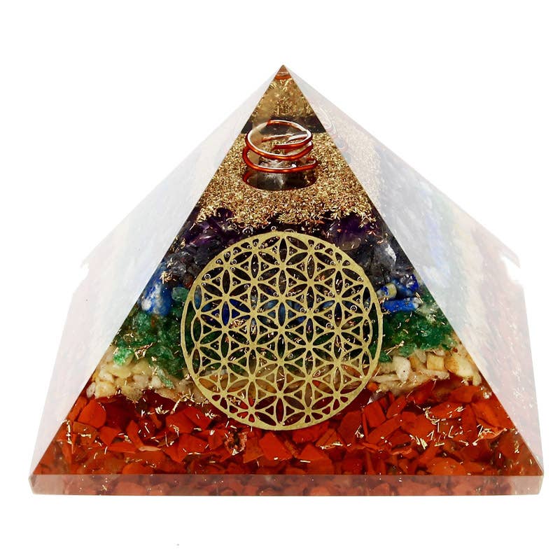 Artisans de Madagascar - Orgonit-Pyramide mit 7 Chakren, Blume des Lebens, 7,5 cm