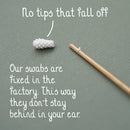 Ein wiederverwendbares Wattestäbchen, dessen Silikonspitze vom Bambusstiel gelöst ist, zeigt, dass "Keine Spitzen abfallen", da sie werkseitig befestigt sind.