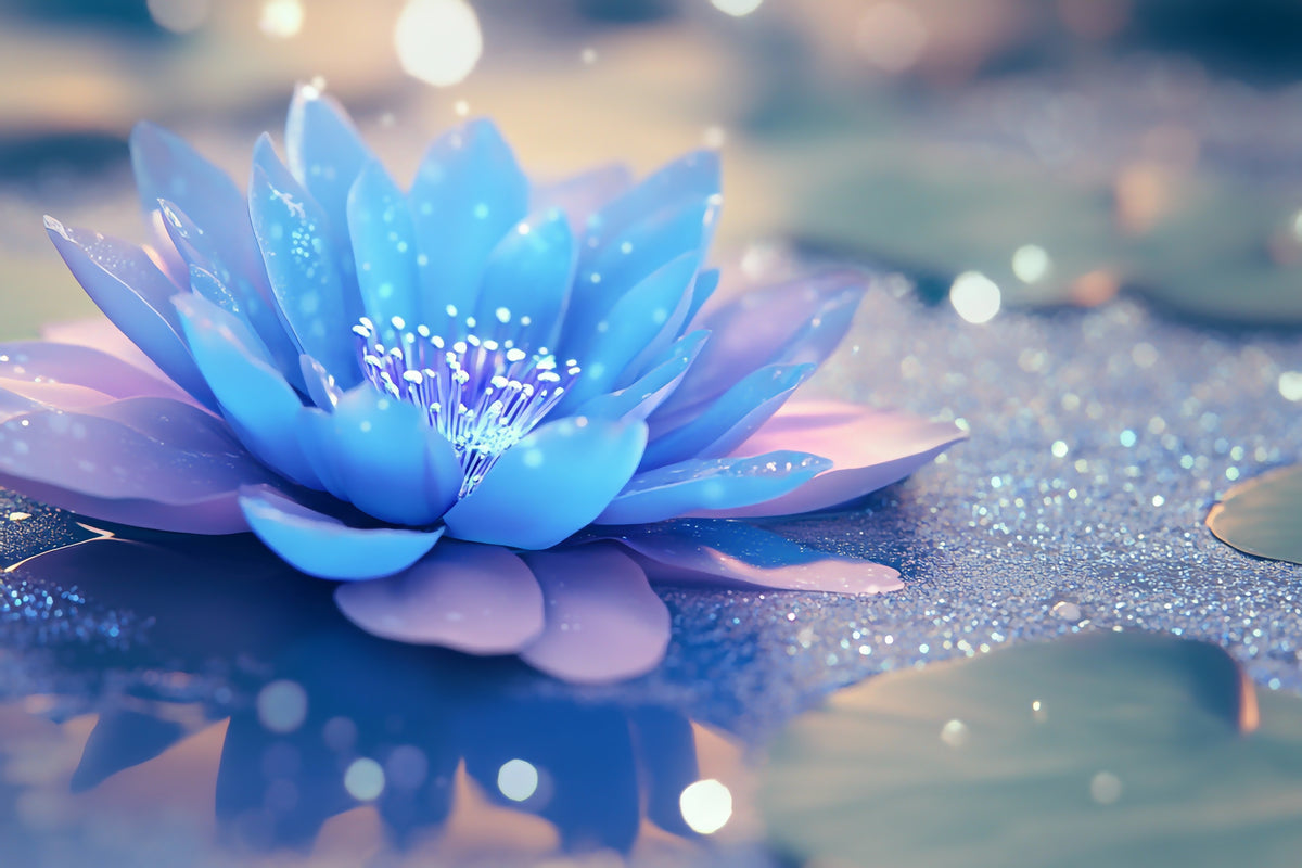 Blau leuchtende Lotusblüte auf glitzerndem Wasser mit sanftem Bokeh-Effekt.
