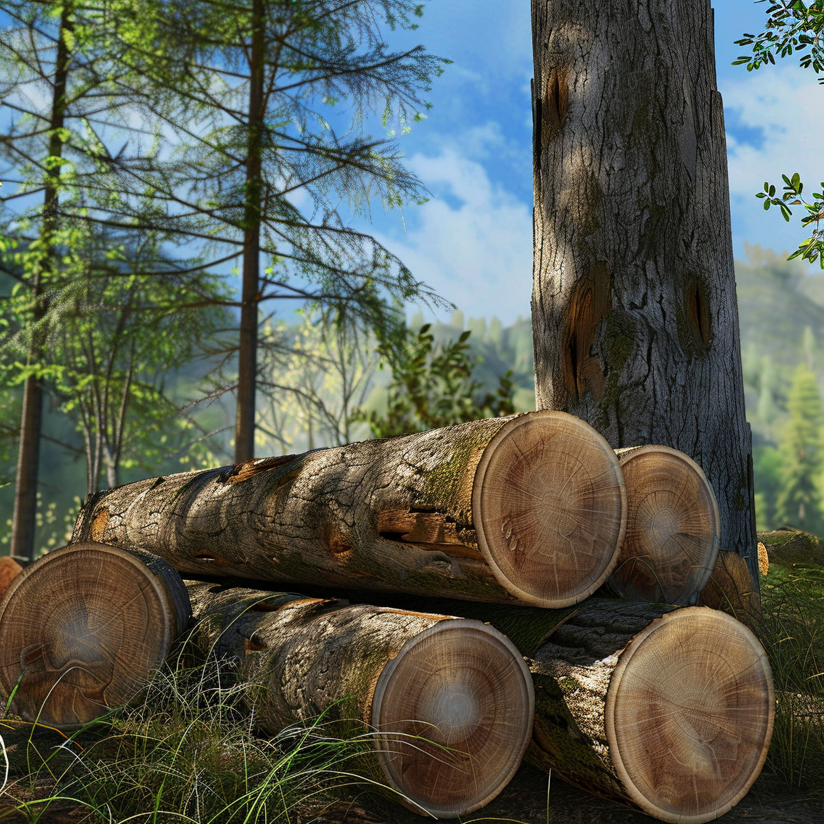 Stapel aus frisch geschlagenen Holzstämmen in einem sonnigen Nadelwald.