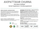 Das detaillierte Etikett für das AVIPATTIKAR CHURNA 100-Gramm-Kräuterpulver, mit Angabe der zahlreichen Inhaltsstoffe, der empfohlenen Anwendung (3-6 Gramm täglich) und Zertifizierungen.