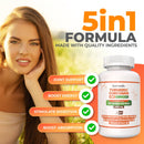 Eine lächelnde Frau lehnt sich im Freien, während ein Produktbild von Harmonify Turmeric Curcumin mit Ingwer (5-in-1-Formel) die Vorteile hervorhebt: Gelenkunterstützung, Energie-Boost, Verdauungsanregung und Absorptions-Boost.