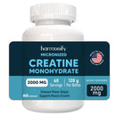 Eine Nahaufnahme einer Harmonify Micronized Creatine Monohydrate Flasche, die 2000 mg pro Portion, 60 Portionen, 120 g pro Flasche und 60 Kapseln hervorhebt. Sie trägt das Siegel „Proudly USA Company“ und beschreibt sich als Nahrungsergänzungsmittel zur Steigerung der Leistung und Unterstützung des Muskelwachstums.