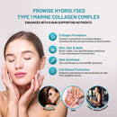 Eine Infografik mit einer Frau, die ihr Gesicht berührt, um die Vorteile von Prowise hydrolysiertem Typ-1-Meereskollagen zu illustrieren: Kollagenbildung, Haut-, Haar- und Nagelgesundheit, DNA-Synthese und Zellstressschutz.