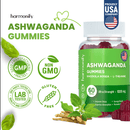 Eine Flasche Harmonify Ashwagandha Gummibärchen (1000mg, 60 Stück) mit verschiedenen Zertifizierungen wie GMP, Non-GMO, Lab Tested und Gluten-Free. Es erwähnt auch die Verbesserung des Schlafs, die Steigerung der Energie und die Unterstützung des Immunsystems, umgeben von Ashwagandha-Wurzeln und Blättern.