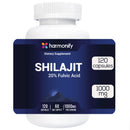  Eine Ansicht einer Harmonify Shilajit-Flasche, die als Nahrungsergänzungsmittel mit 20% Fulvinsäure beworben wird. Das Etikett zeigt 120 Kapseln, einen 60-Tages-Vorrat und 1000 mg pro Portion, mit einem stilisierten Sonnenaufgang über Bergen.