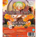 Ein detailliertes Produktetikett für Ancient Purity Kalifornischer Mohn mit Verzehrempfehlung und Inhaltsstoffen.