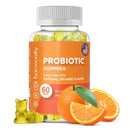 A clear jar of "Probiotic Gummies" with 5 Billion CFU Natural Orange Flavor, displayed next to whole and sliced oranges and a few yellow gummy bears.