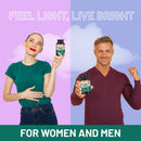 Ein Mann und eine Frau halten Dosen mit Flohsamenschalen-Ergänzungsmitteln unter dem Text „Feel light, live bright“.