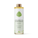 Produktfoto einer hohen weißen Flasche „Eliah Sahil Organic Oil Body & Hair Jojoba“, mit einem grünen Etikett, das das Markenlogo und den Text enthält, der besagt, dass es alle Haut- und Haartypen revitalisiert und regeneriert.