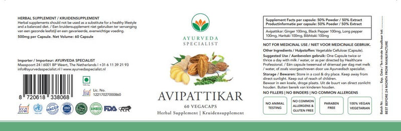 Ayurveda Specialist B.V. - Avipattikara - 60 Vegacaps