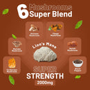 Eine Infografik zeigt eine "6 Mushrooms Super Blend" mit Bildern von Shiitake, Chaga, Maitake, Löwenmähne, Reishi und Cordyceps Pilzen sowie schwarzem Pfeffer, beworben als "SUPER STRENGTH 2000mg".