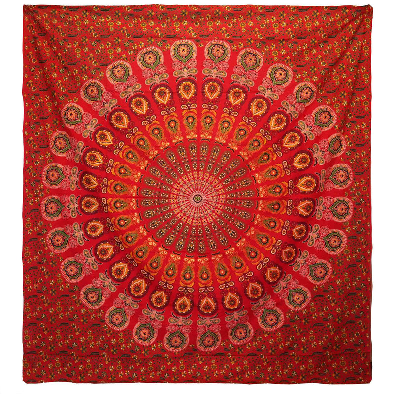 Doppelbettdecke, Ritualtuch, Wandbehang aus Baumwolle und Wandteppich — Mandala Peacock — Rot - 230 cm x 200 cm